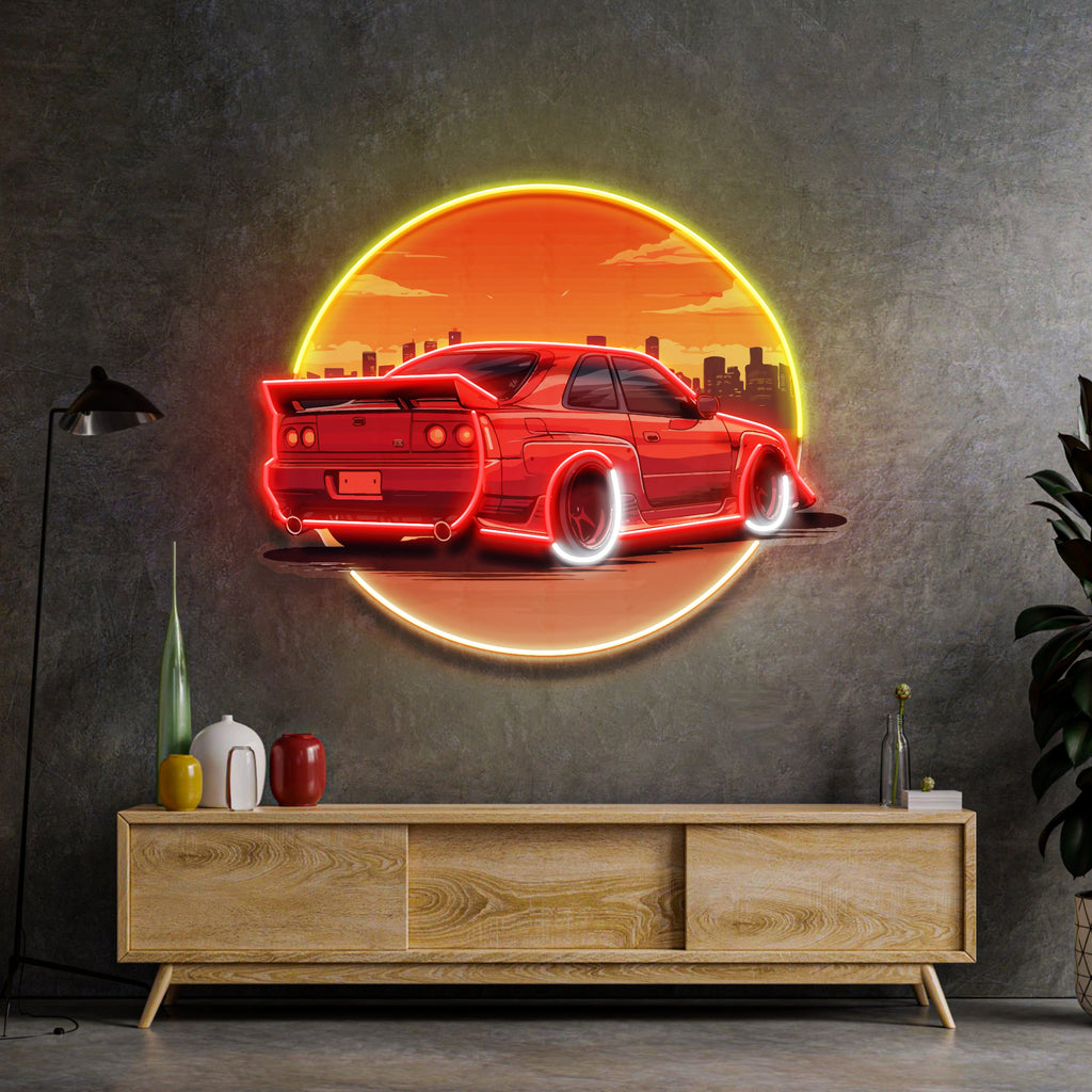 Car With Sunset LED Neon Sign Light Pop Art