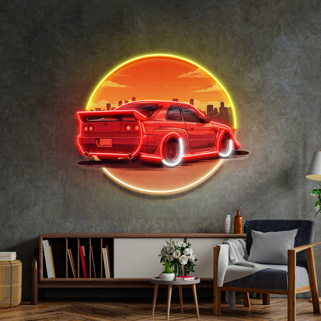 Car With Sunset LED Neon Sign Light Pop Art