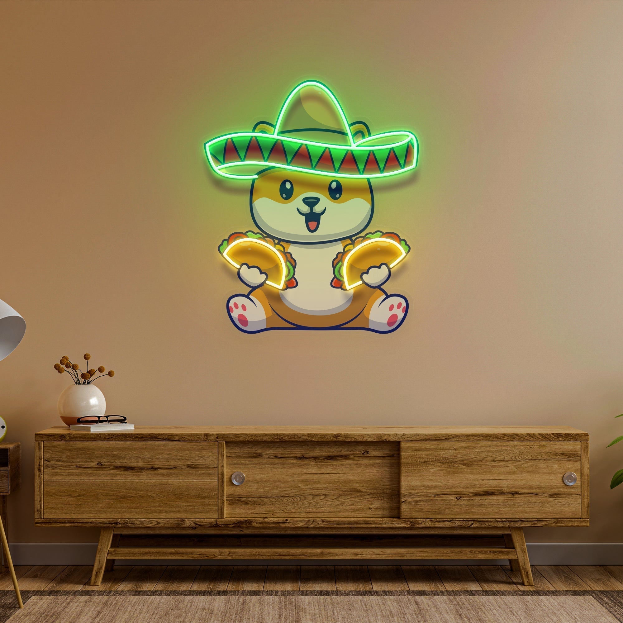 Cute Dog Eating Tacos With Sombreno Hat Artwork Led Neon Sign Light