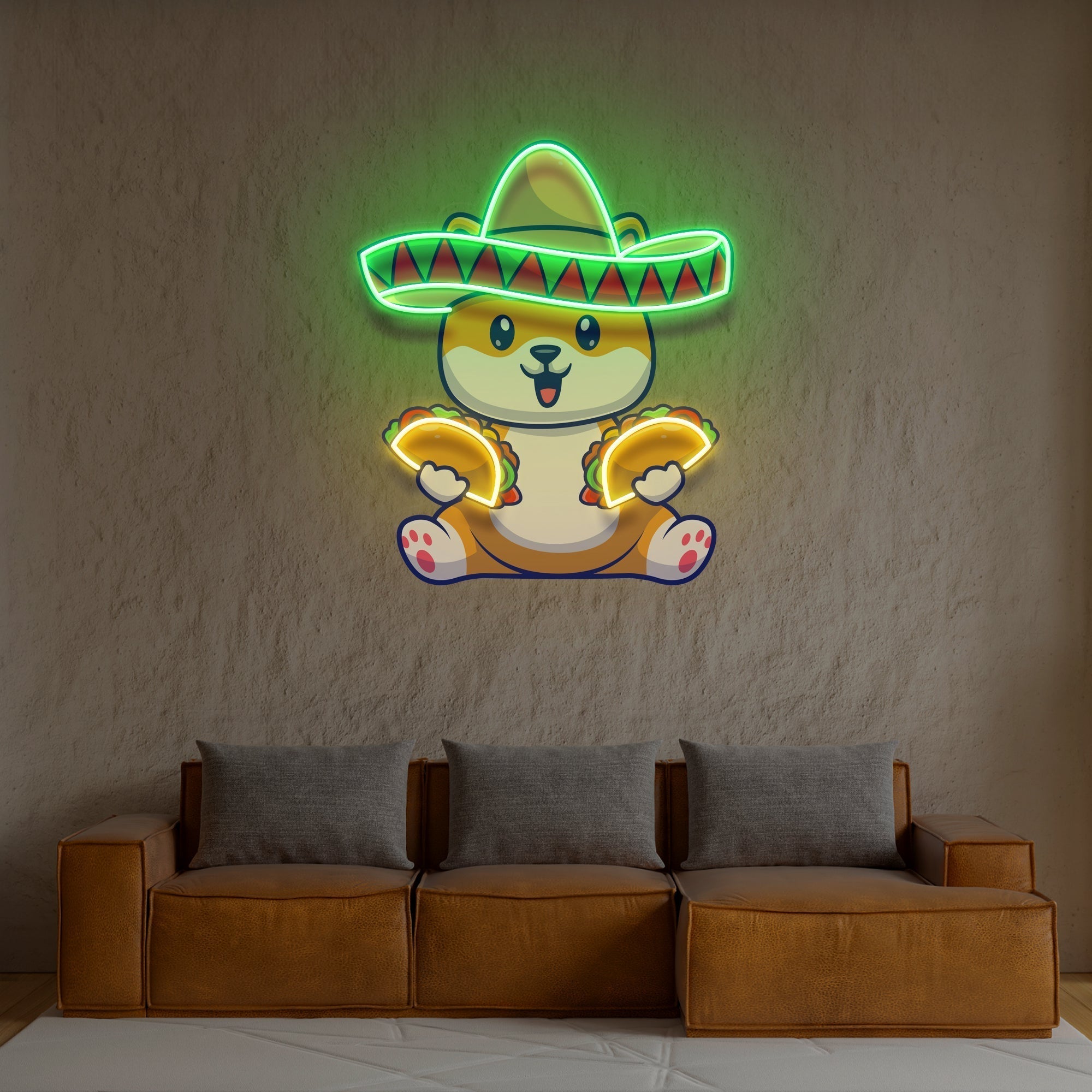 Cute Dog Eating Tacos With Sombreno Hat Artwork Led Neon Sign Light