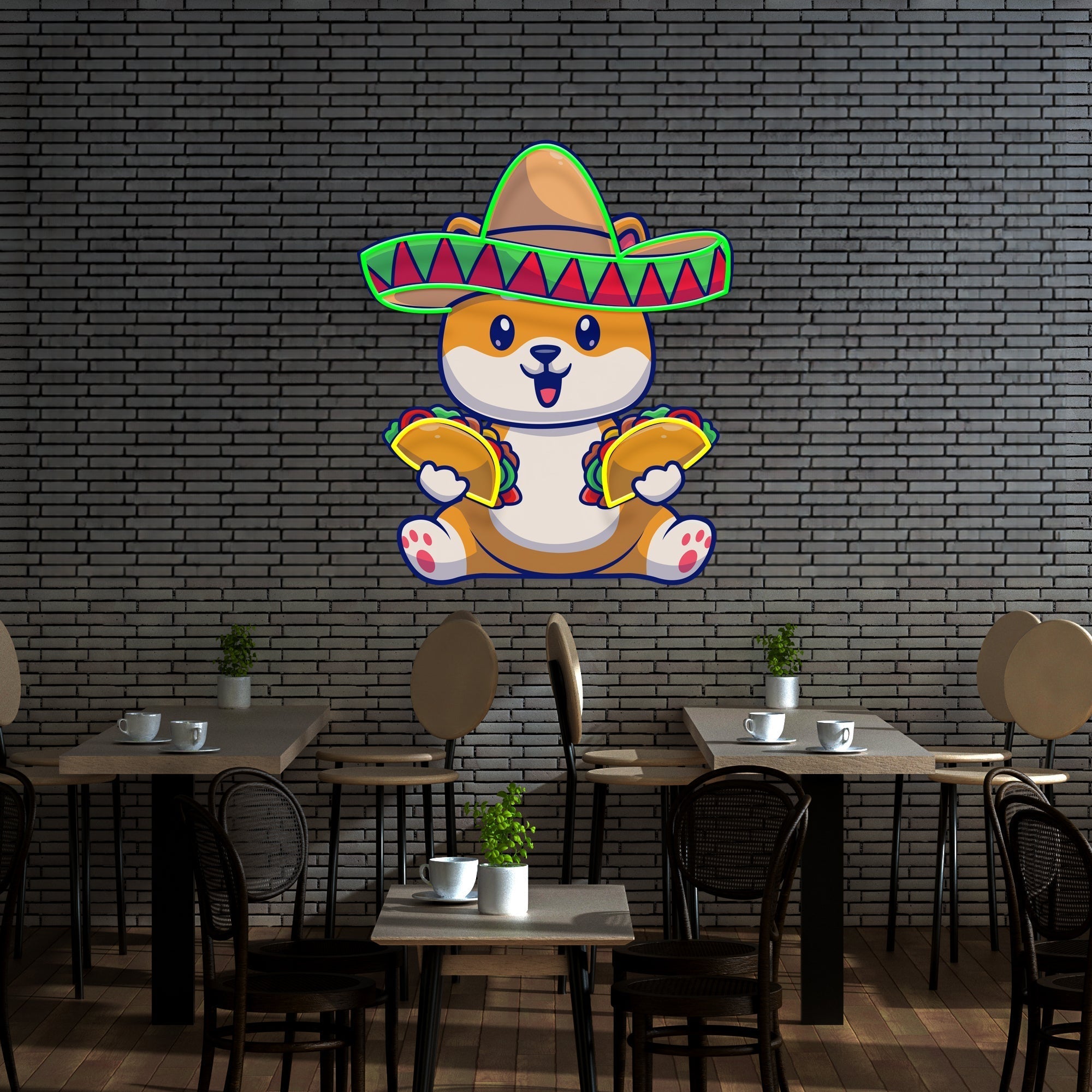 Cute Dog Eating Tacos With Sombreno Hat Artwork Led Neon Sign Light