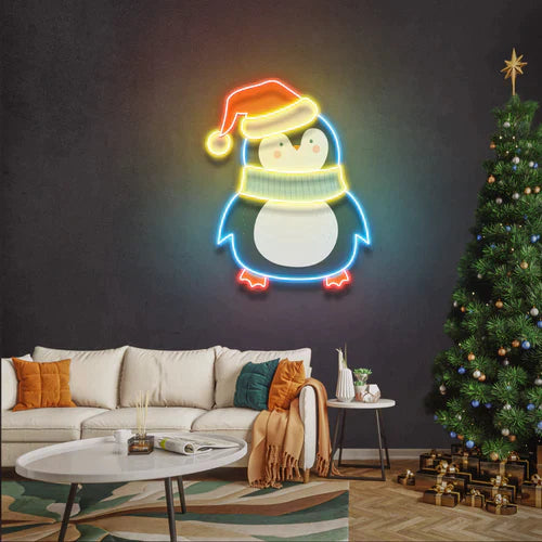 Penguin with Xmas hat Art Work Led Neon Sign Light