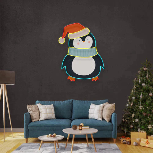 Penguin with Xmas hat Art Work Led Neon Sign Light