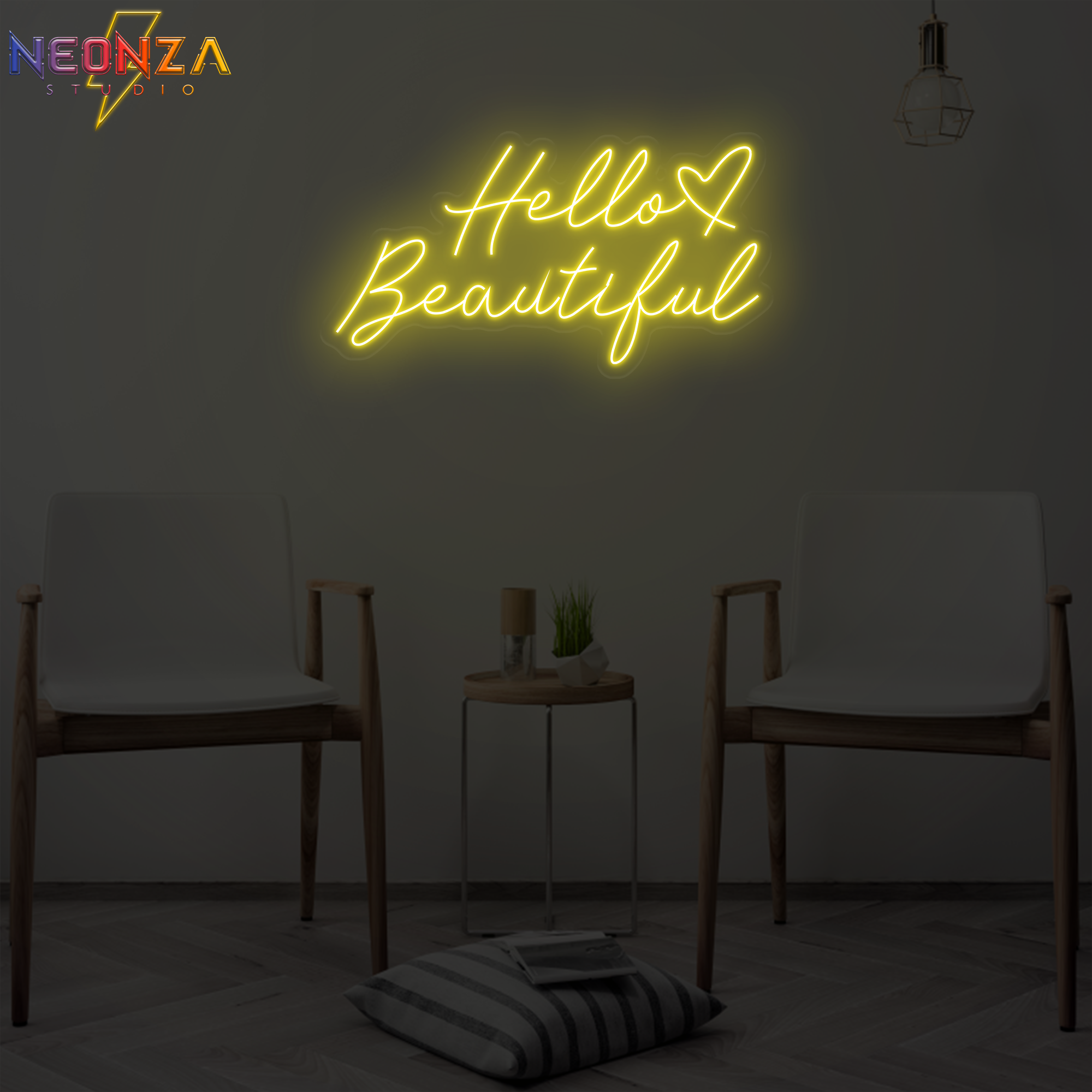 Hello Beautiful neon quote sign online yellow