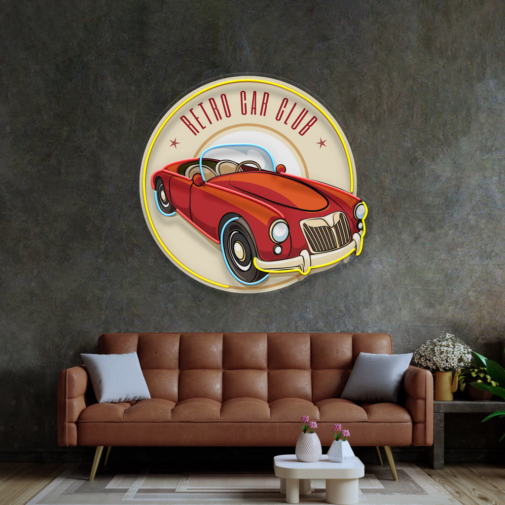 Vector Retro Car Label LED Neon Sign Light Pop Art