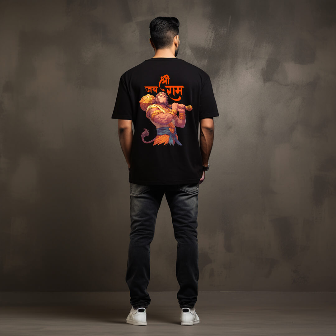 Jai Shri Ram Hanuman Ji Black Oversize Printed Tshirt for Men