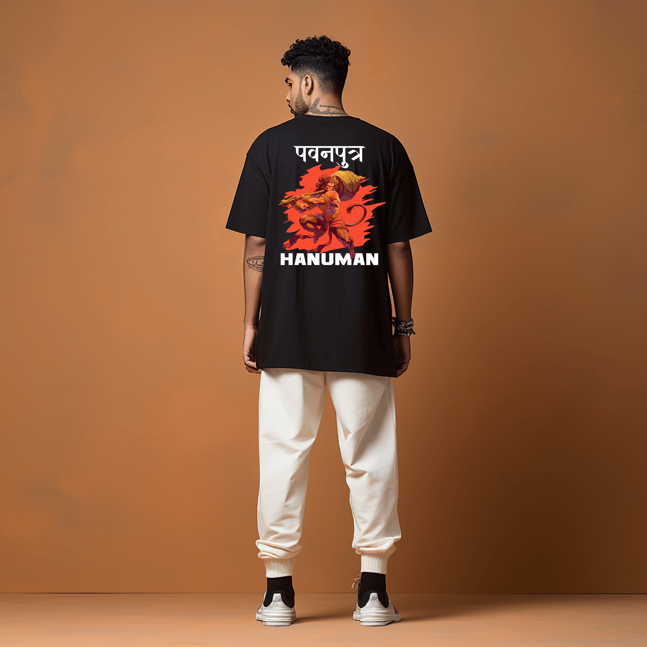 Pawanputra Hanuman Ji Black Oversize Printed Tshirt for Men