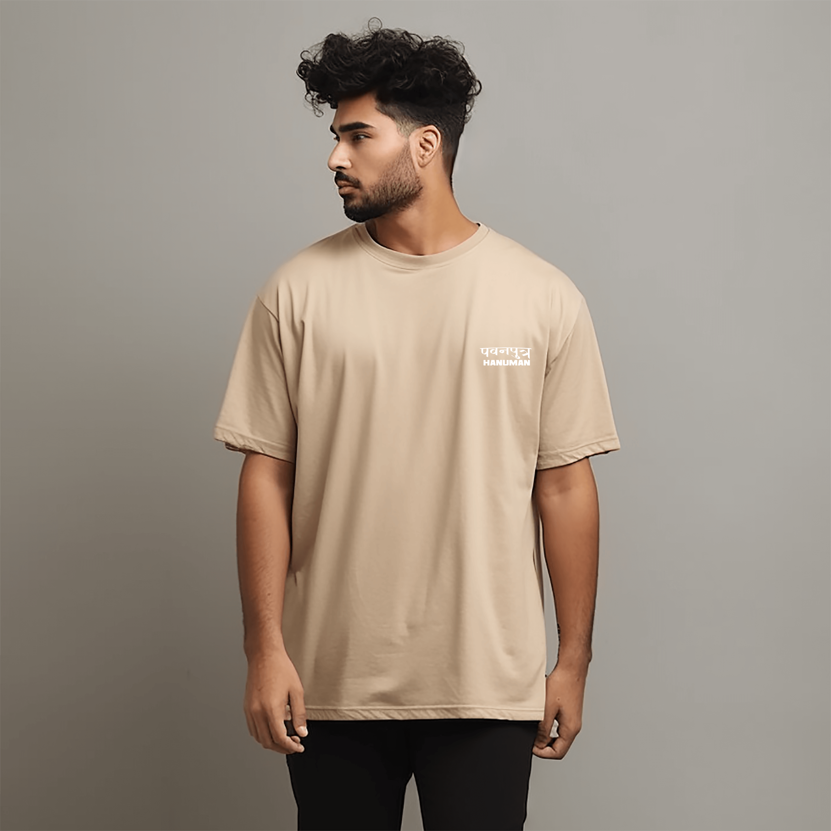 Pawanputra Hanuman Ji Beige Oversize Printed Tshirt for Men