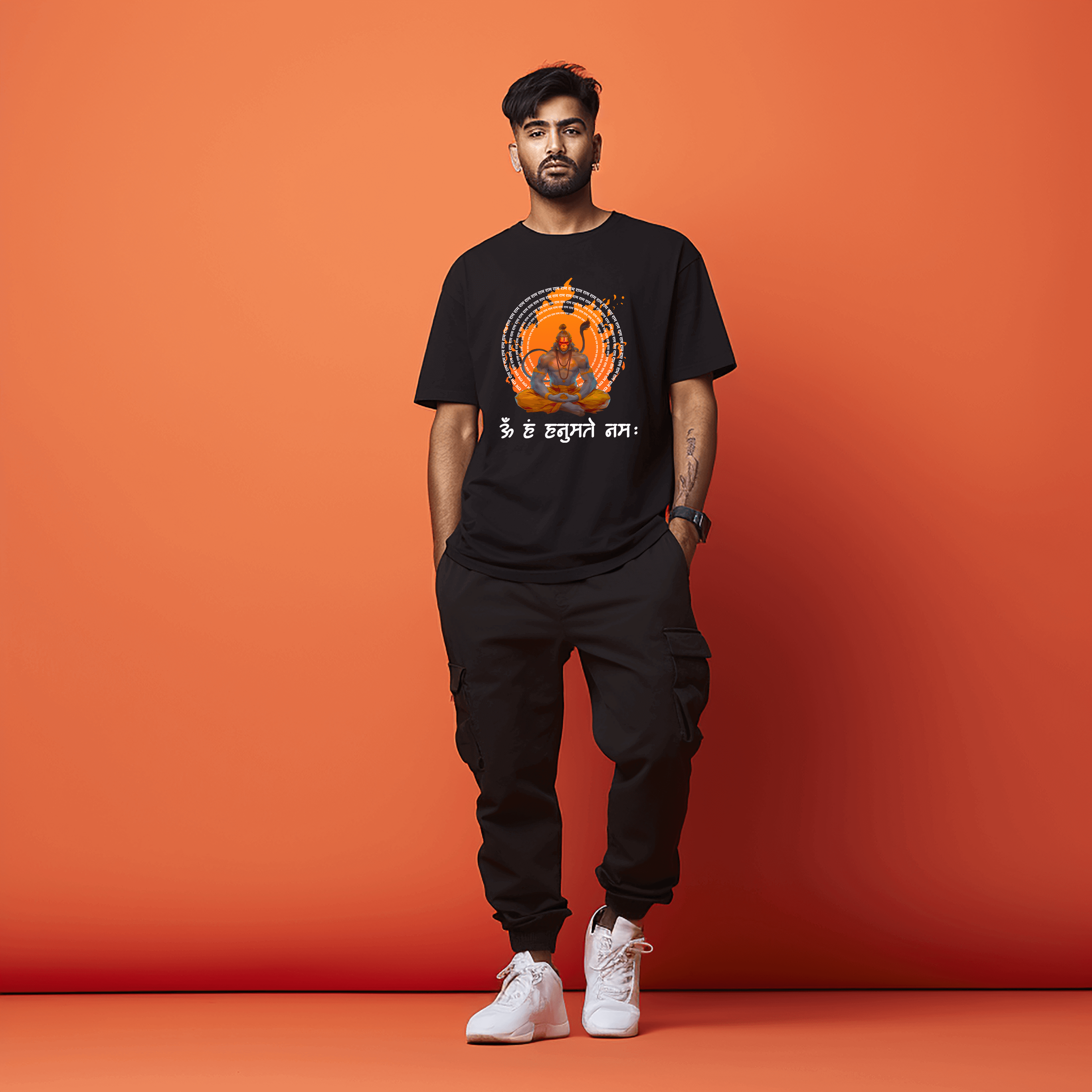 Om Hanuman Ji Black Oversized Printed Tshirt for Men