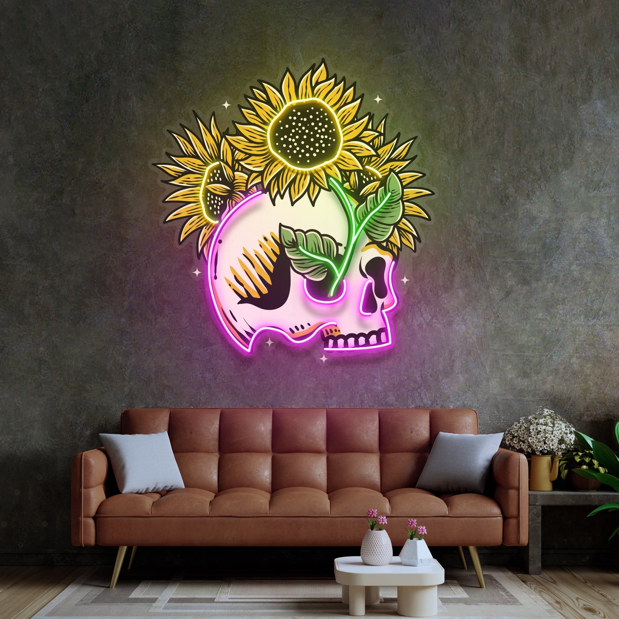 Skull Sun Flowers LED Neon Sign Light Pop Art