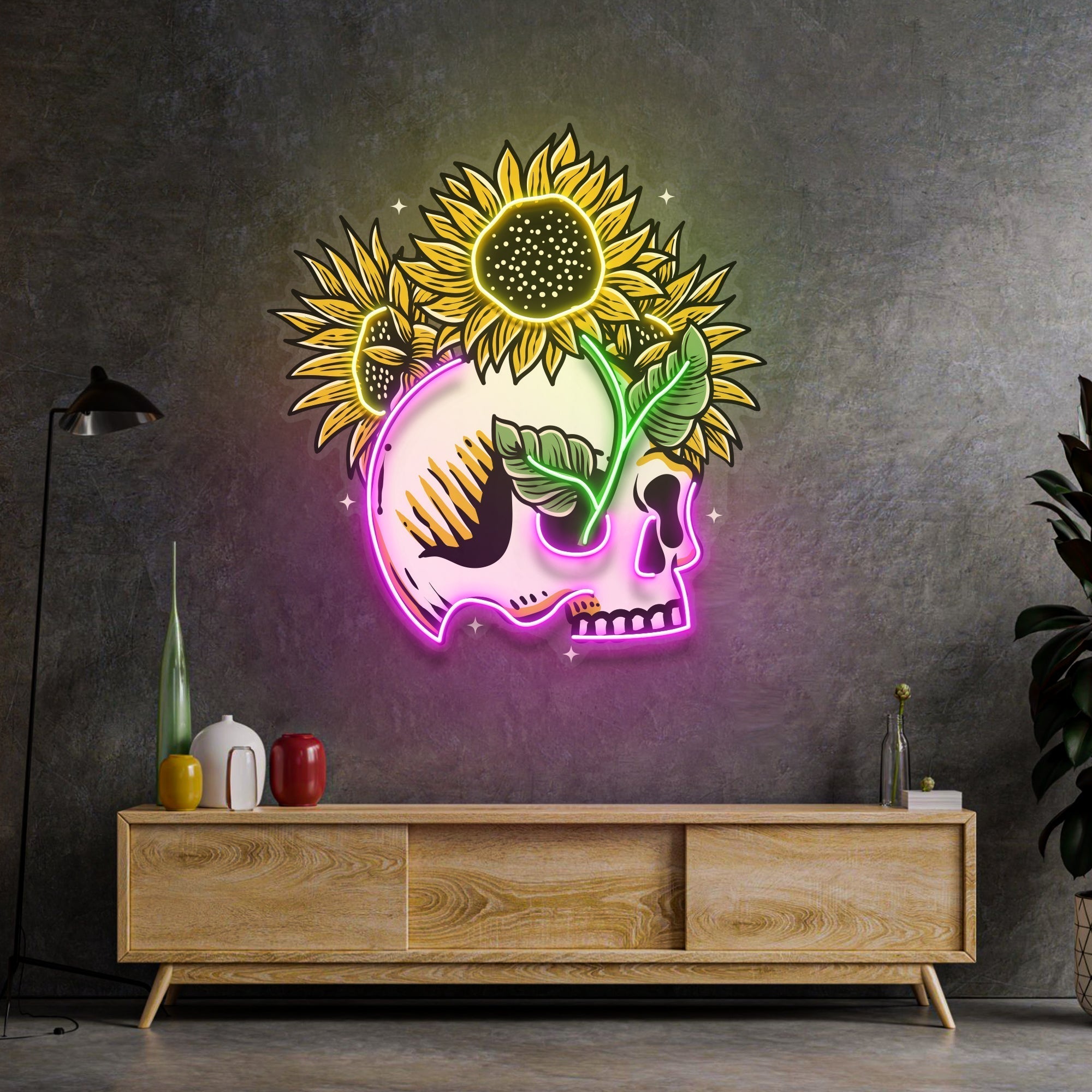 Skull Sun Flowers LED Neon Sign Light Pop Art